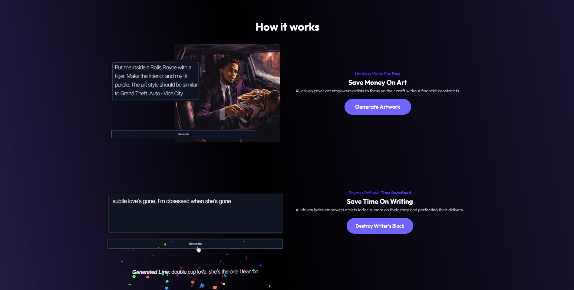 A user interacting with the AI Rap Generator interface, showing lyrics being generated quickly.