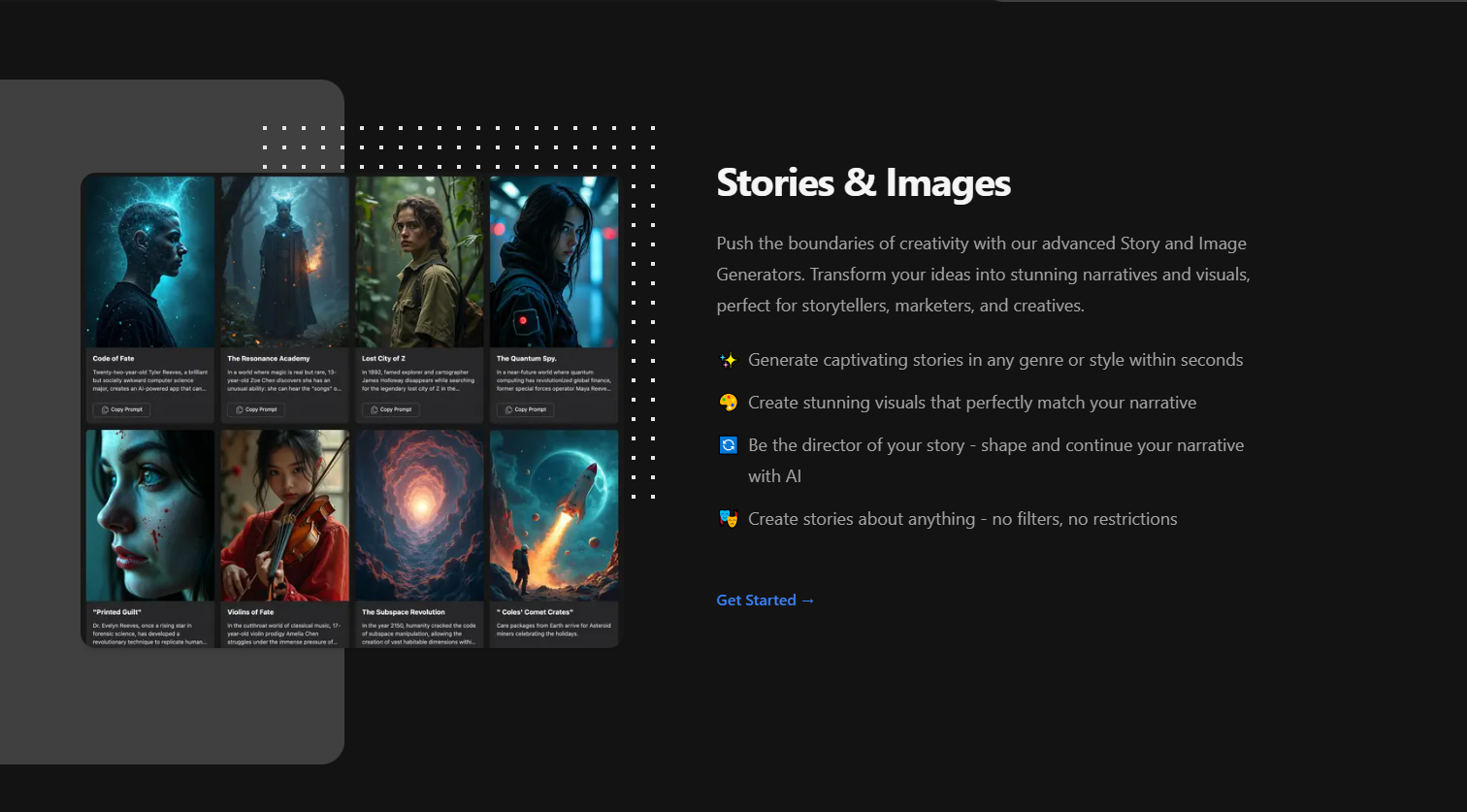 DeepFiction AI platform homepage showing creative options for stories, images, and roleplay generation.
