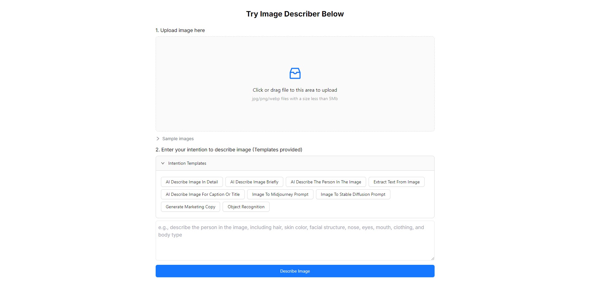 A user interface screenshot of the Image Describer AI tool showing an image upload area and description templates