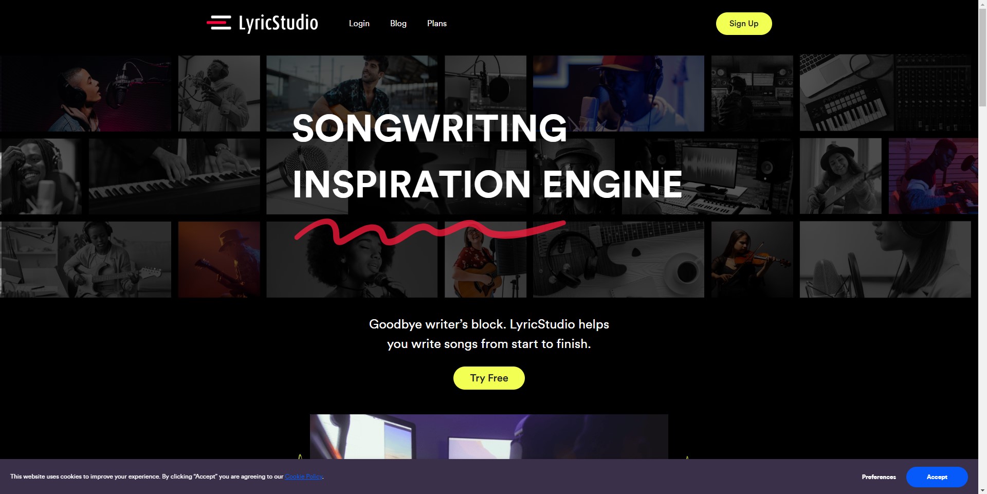 LyricStudio homepage showcasing songwriting inspiration features