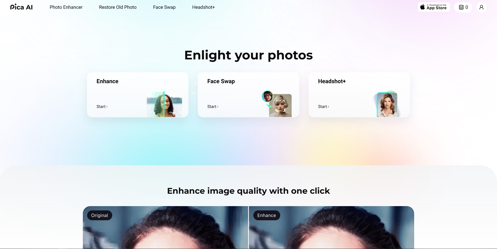 Pica AI platform showcasing its innovative photo enhancement tools.