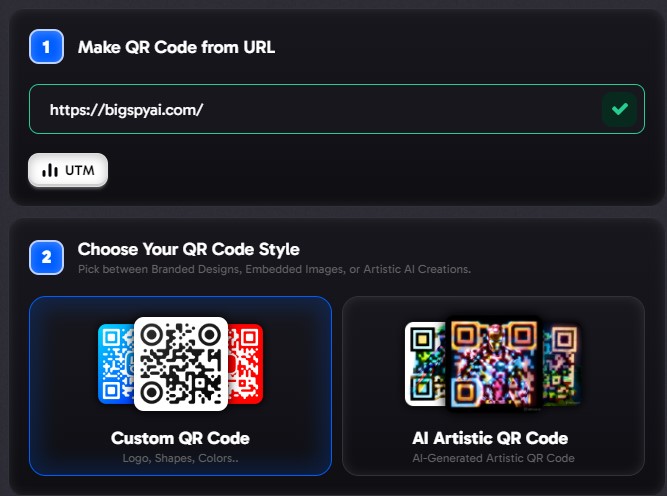 A powerful QR Code Generator AI creating an artistic, branded QR code with real-time scan analytics dashboard