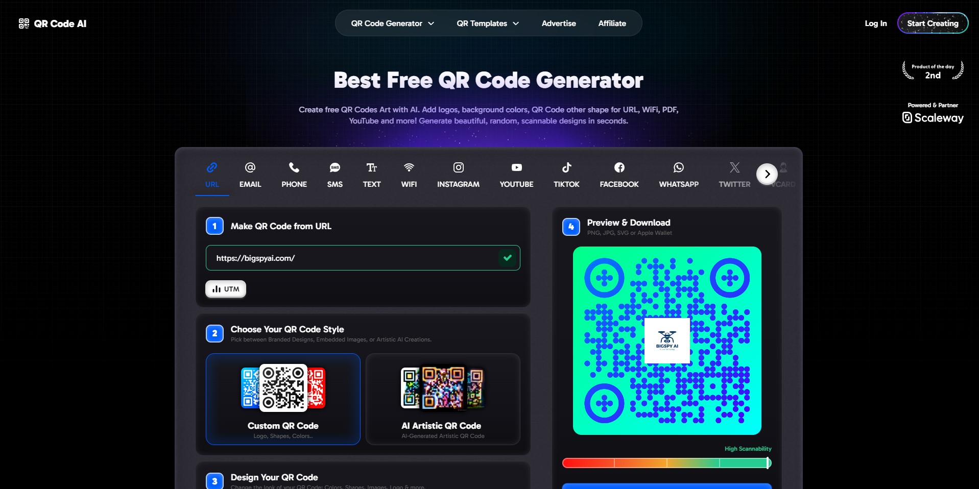A powerful QR Code Generator displaying various customizable QR code designs and analytics.