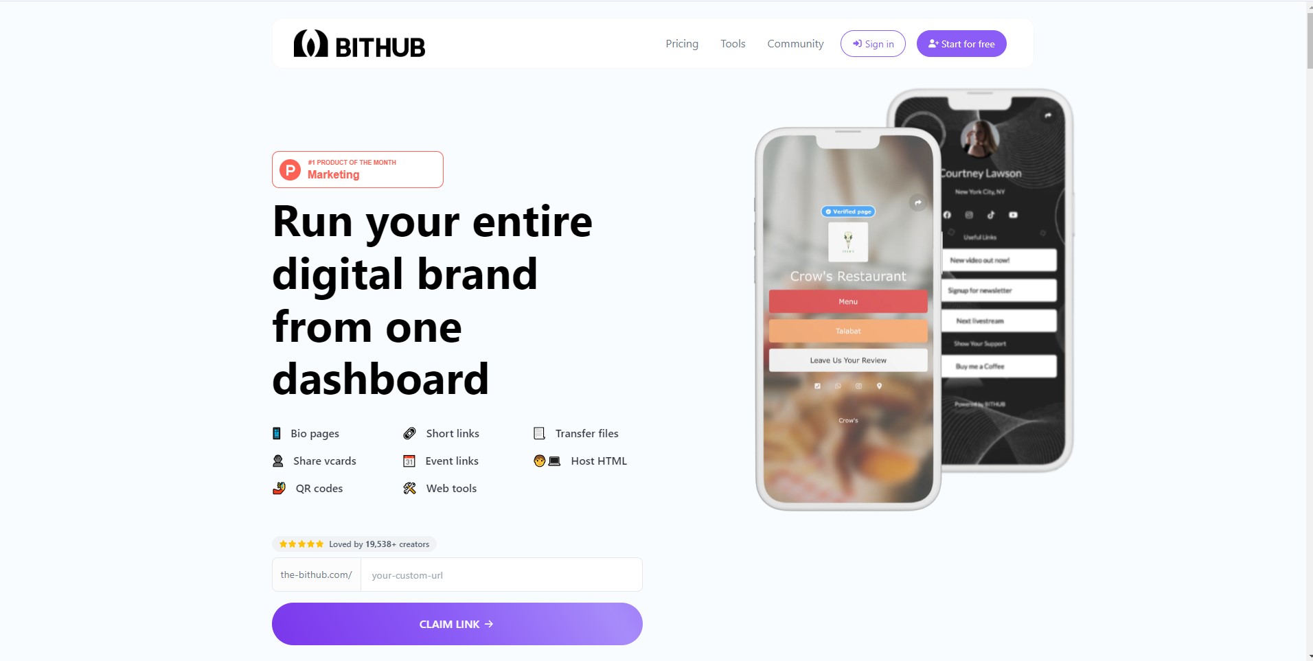 Bithub AI dashboard showing a customized bio page with social media links and branding options.