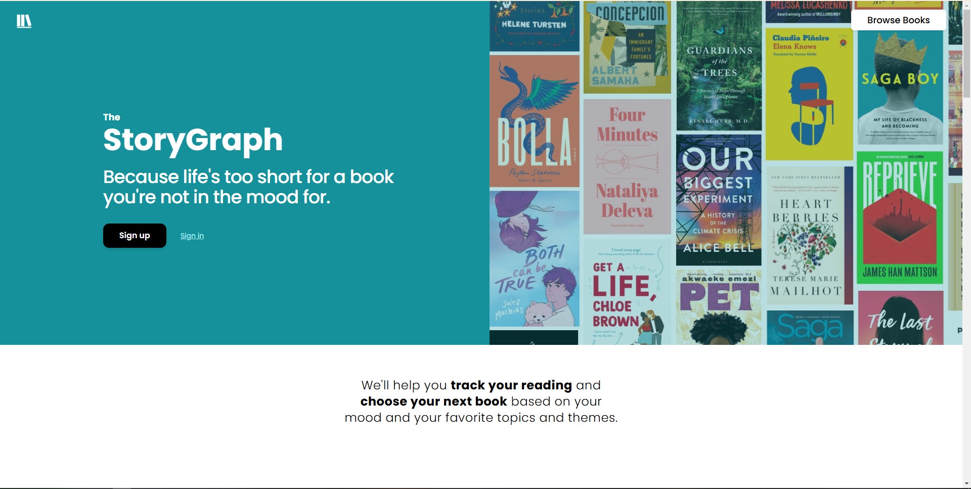 Screenshot of the StoryGraph homepage showcasing personalized book recommendations and tracking tools