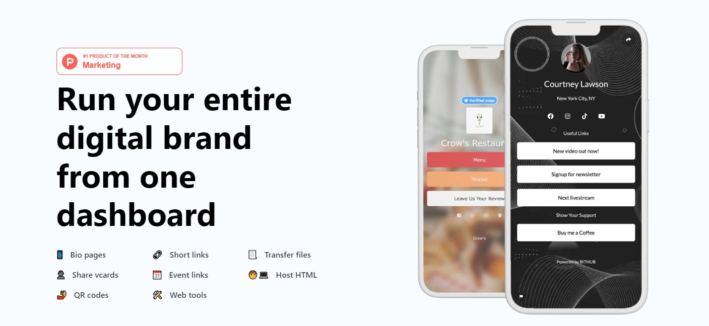 Mobile view of a branded bio page created with Bithub AI, linking to social media platforms.