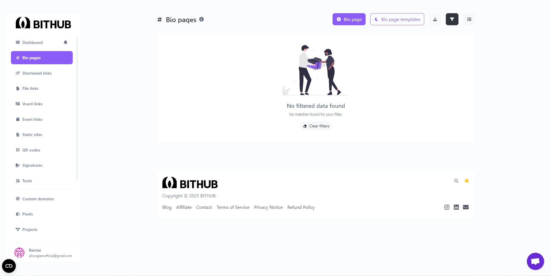 The Bithub AI interface for creating a customized bio page with links to social media and branding options.