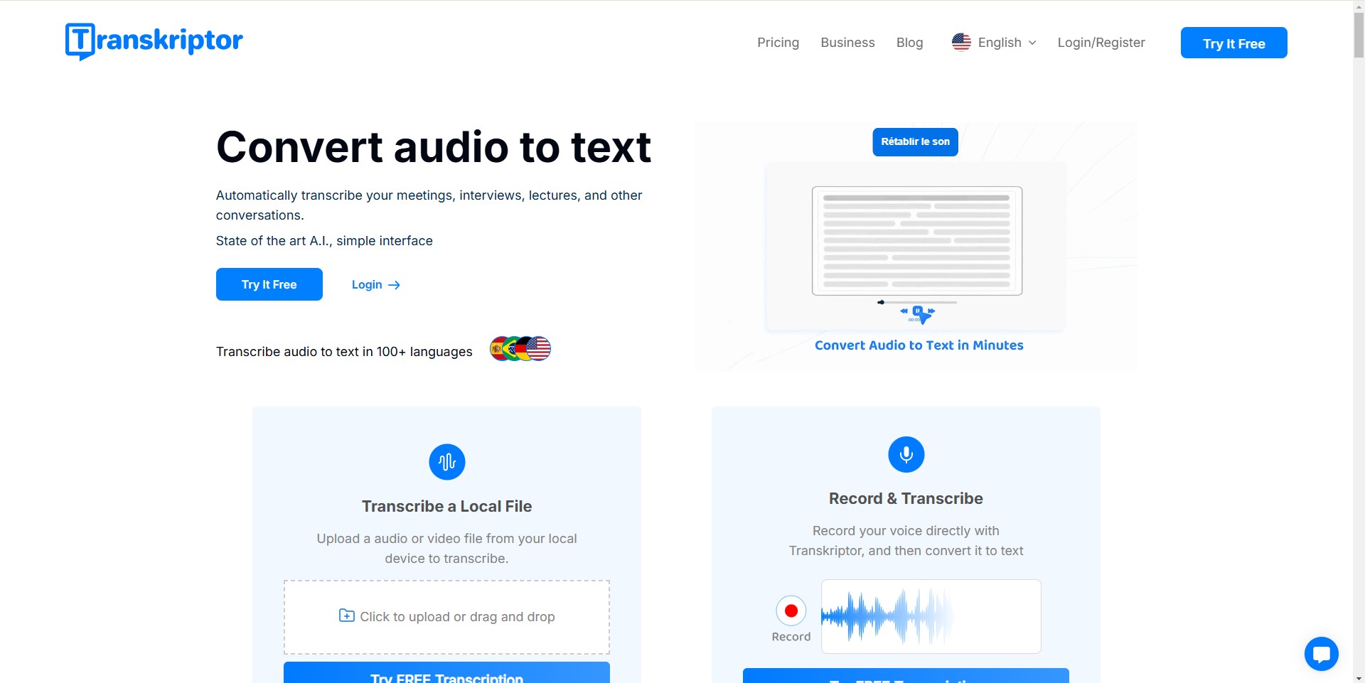 Transkriptor dashboard interface showcasing an uploaded audio file being transcribed