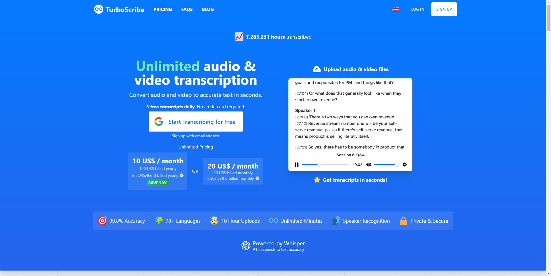 TurboScribe dashboard showcasing advanced AI transcription features.