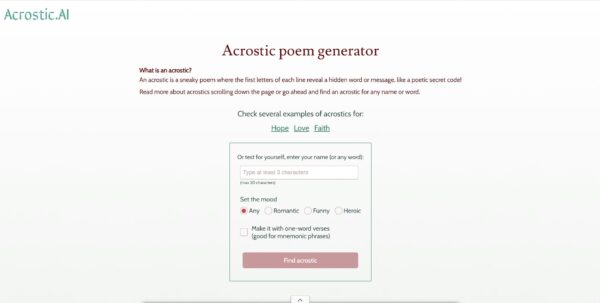Digital screen displaying an acrostic poem being generated by Acrostic AI, with creative text elements.