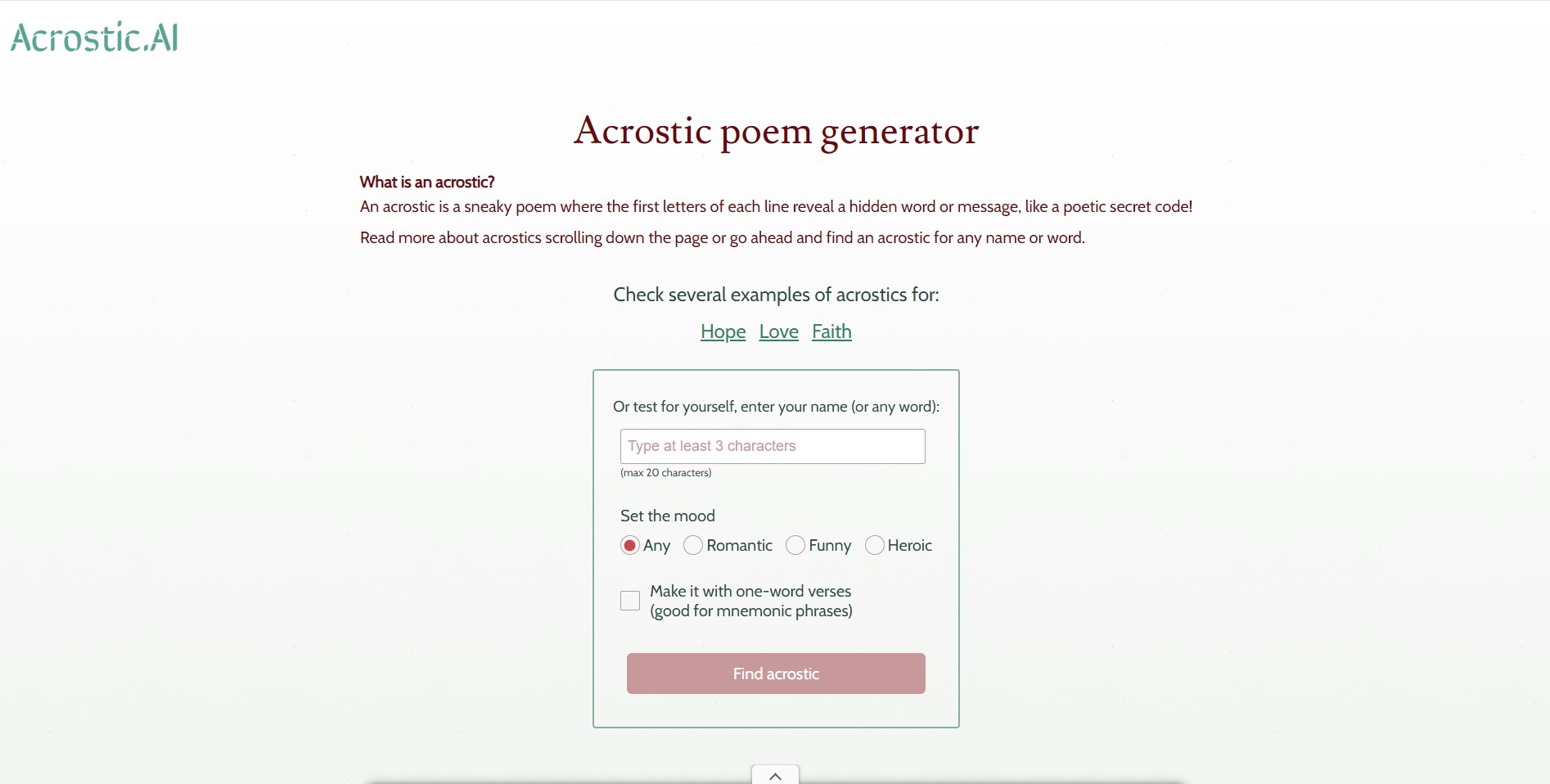 Digital screen displaying an acrostic poem being generated by Acrostic AI, with creative text elements.