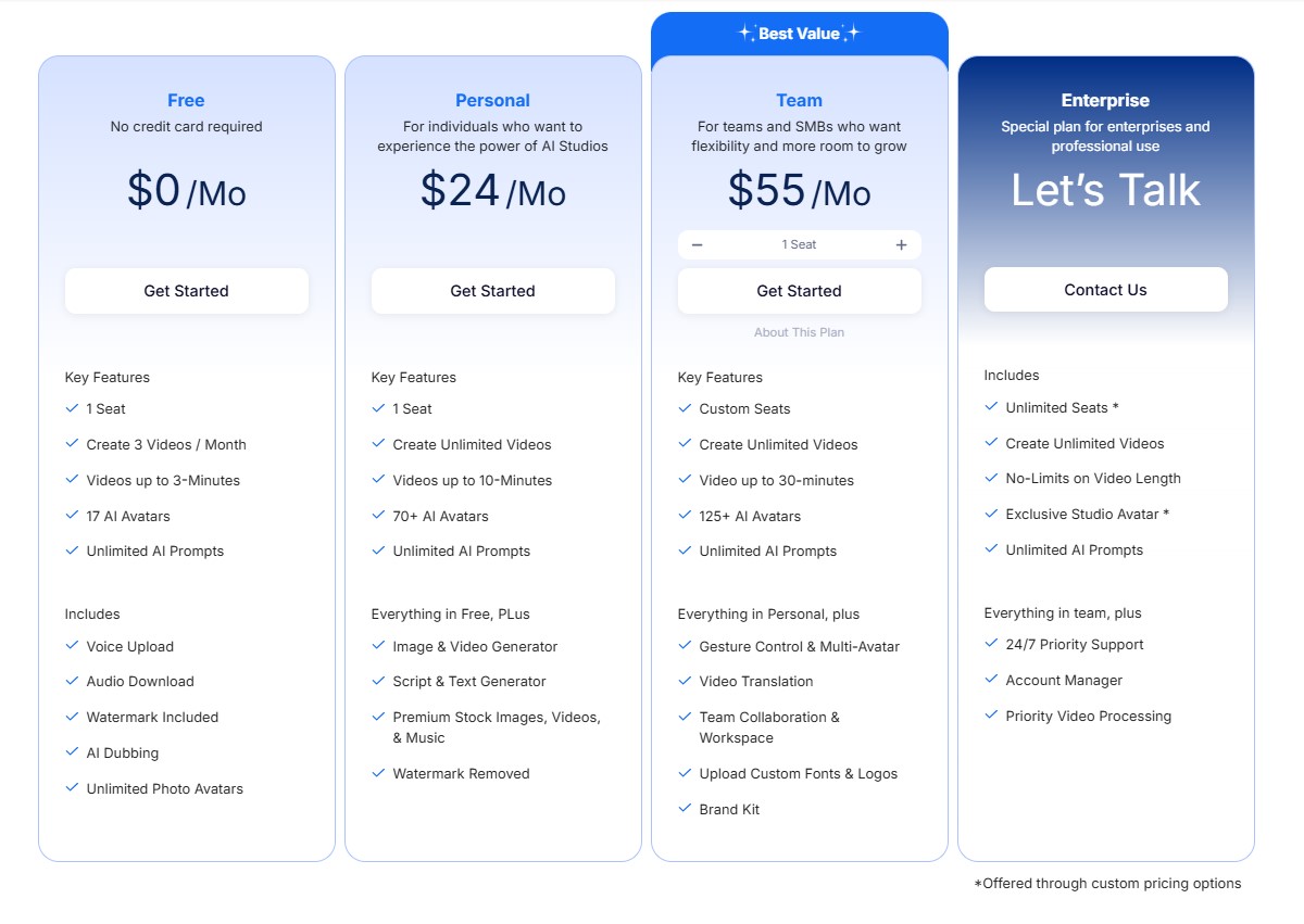 AI Studios pricing plans offering affordable solutions for content creators and businesses