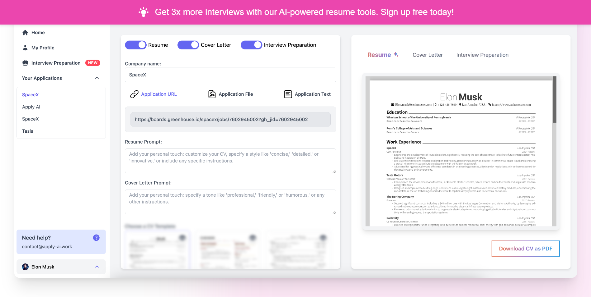 Apply AI platform dashboard showing resume optimization