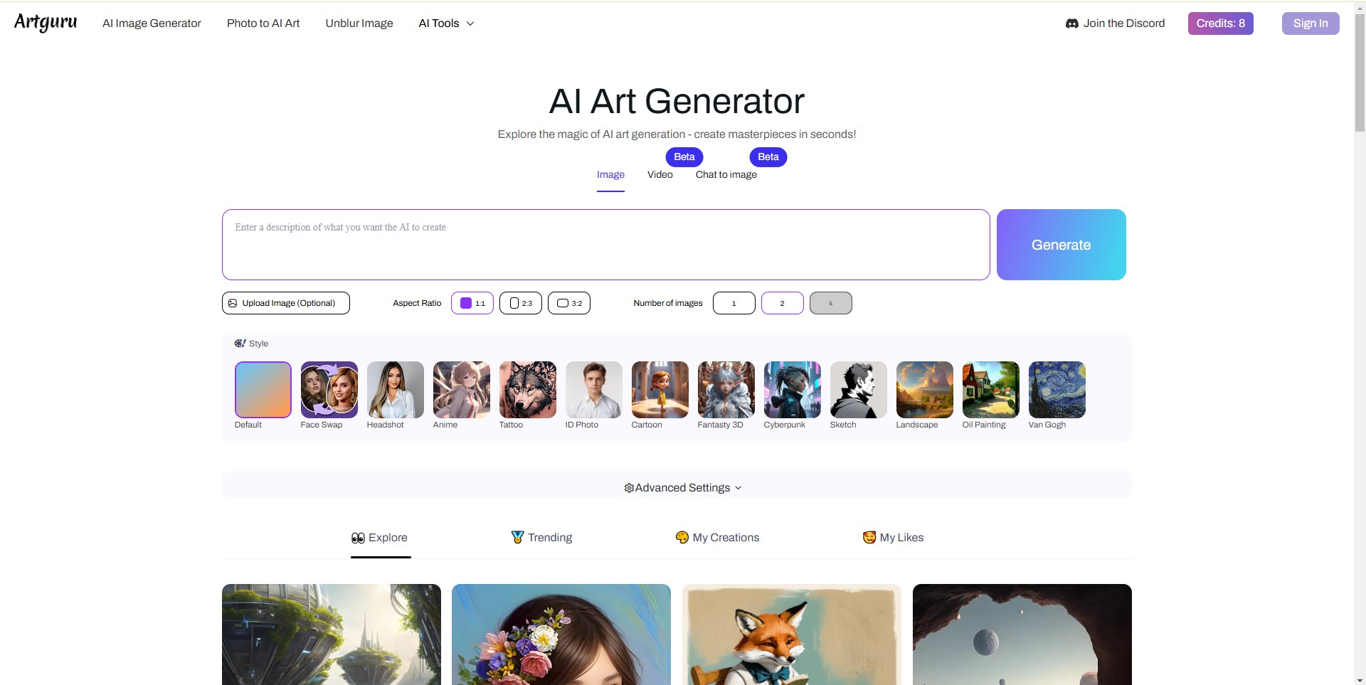 Screenshot of the Artguru interface showcasing AI art generation features