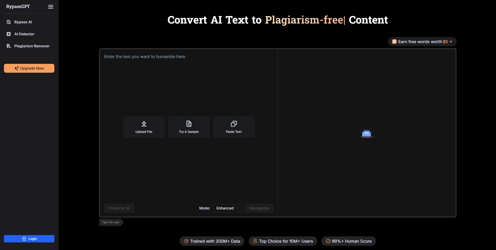 Screenshot of BypassGPT AI homepage for multilingual content in 2025