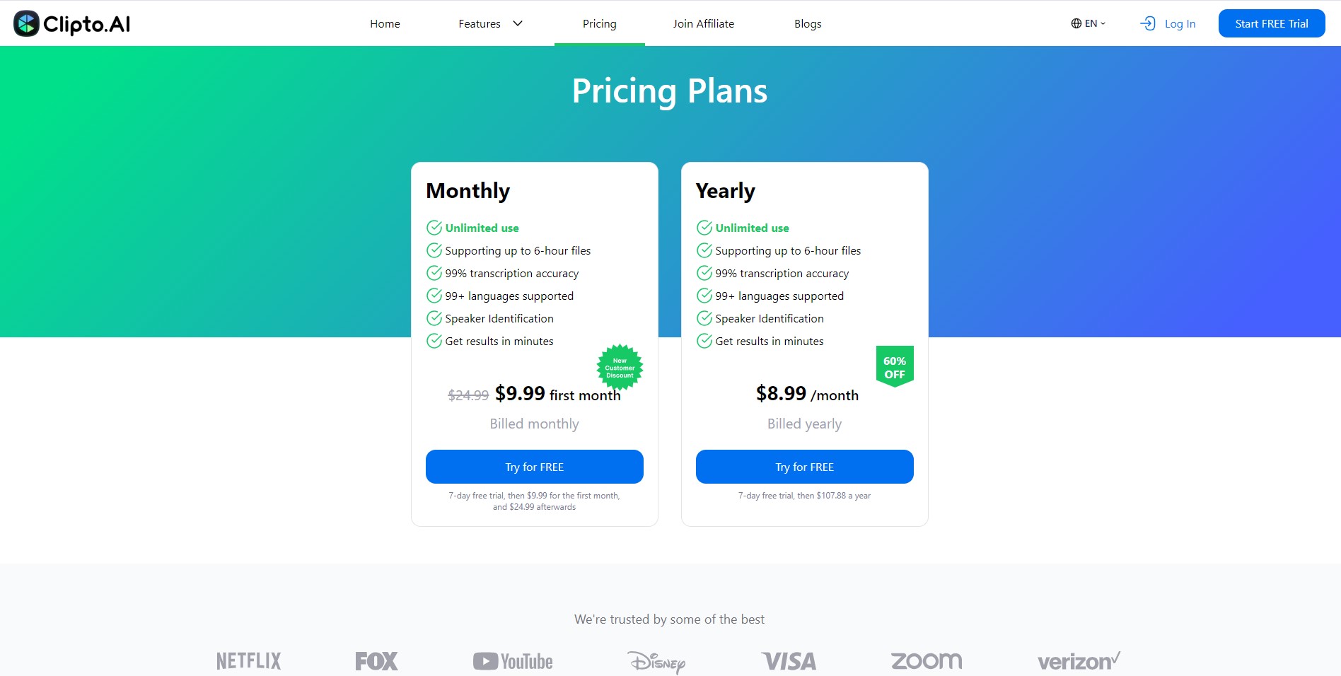 A screenshot of the official clipto ai pricing page, showing the monthly and yearly subscription plans, along with details about the 7-day free trial.