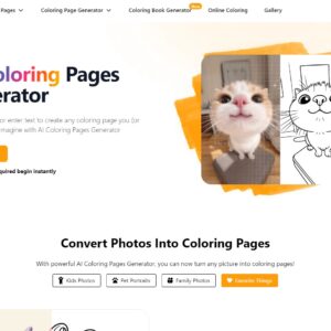 ColoringBook AI interface showing text-to-image generator for custom printable coloring pages.