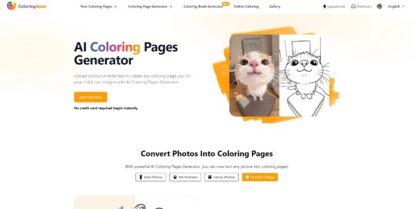 ColoringBook AI interface showing text-to-image generator for custom printable coloring pages.