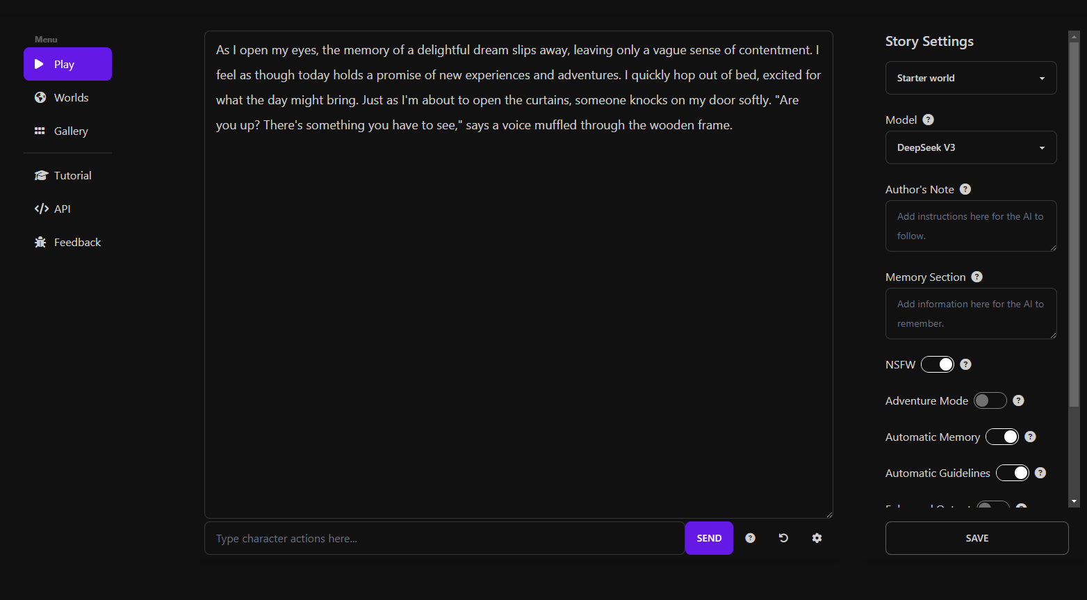 Deep Realms AI platform interface showing interactive storytelling.