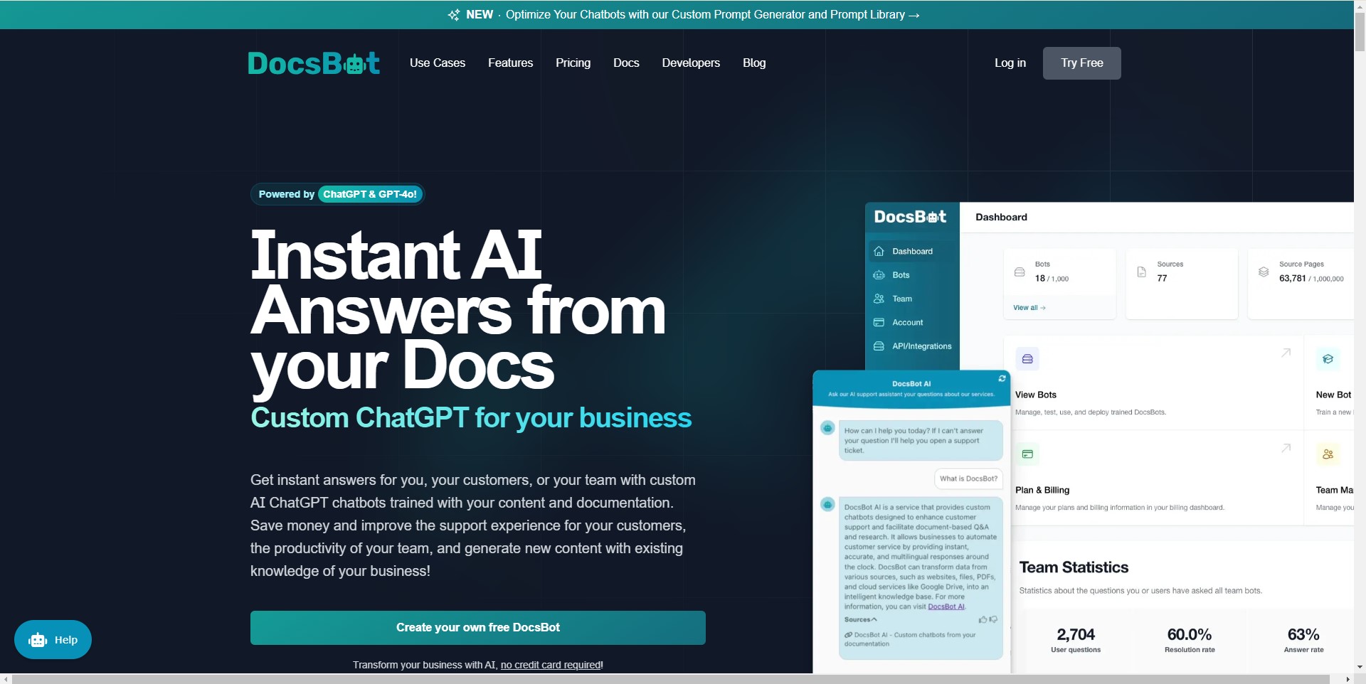 DocsBot AI custom chatbot assisting businesses with automated customer support and productivity