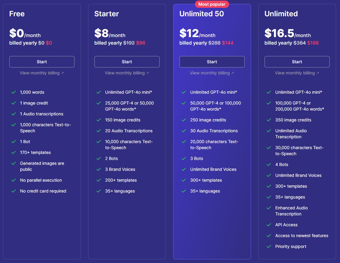 Easy Peasy AI pricing options displayed for users to choose the best plan for content creation