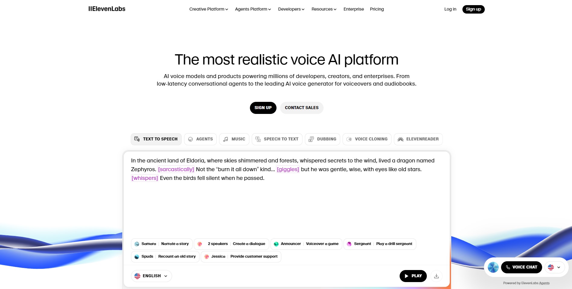 Screenshot of ElevenLabs AI Review dashboard showing Text to Speech interface with voice selection.
