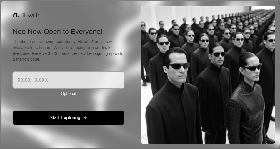 Flowith AI interface showing invitation code entry for Flowith code, enabling bonus credits for users.