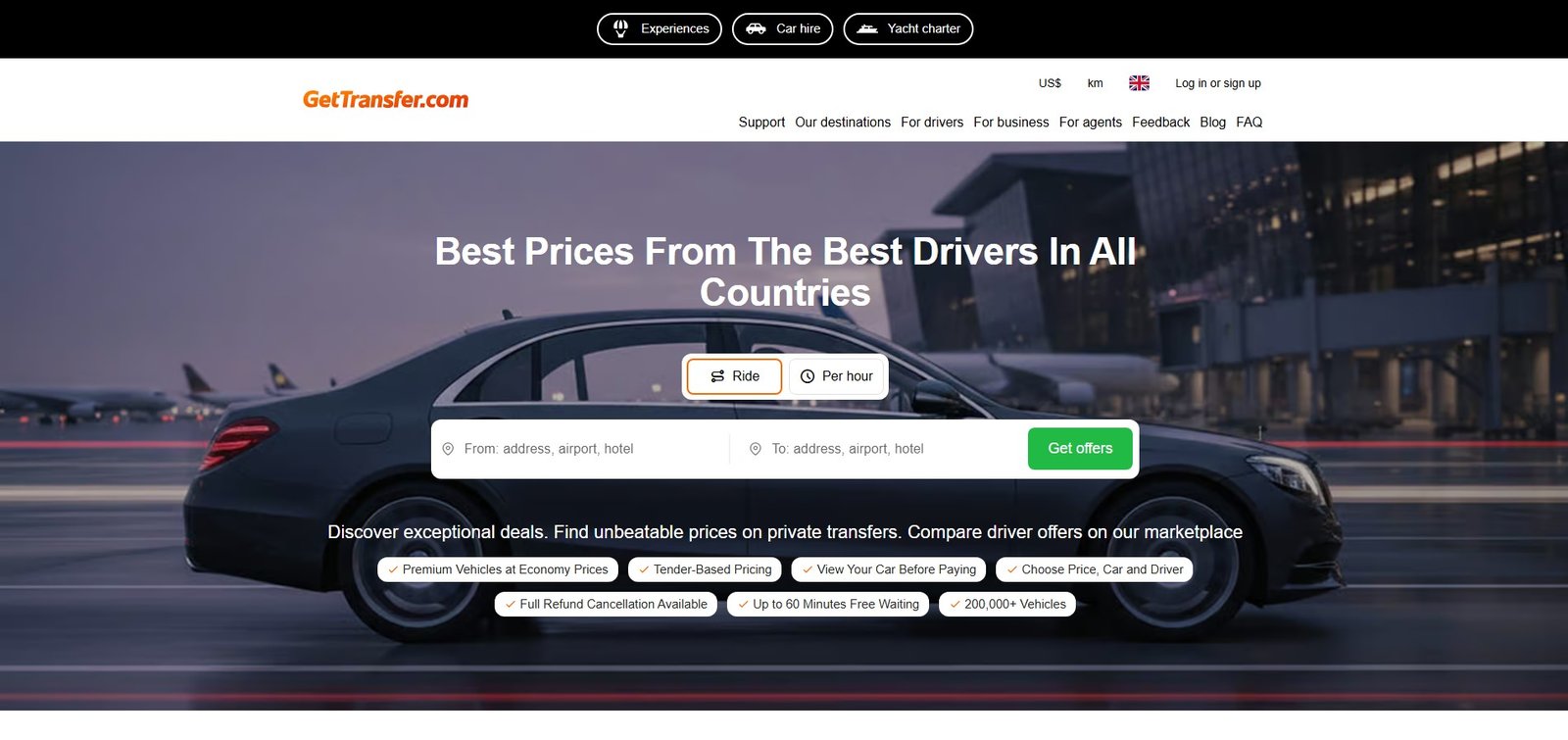 GetTransfer.com logo and text, indicating a global marketplace for various transportation services.