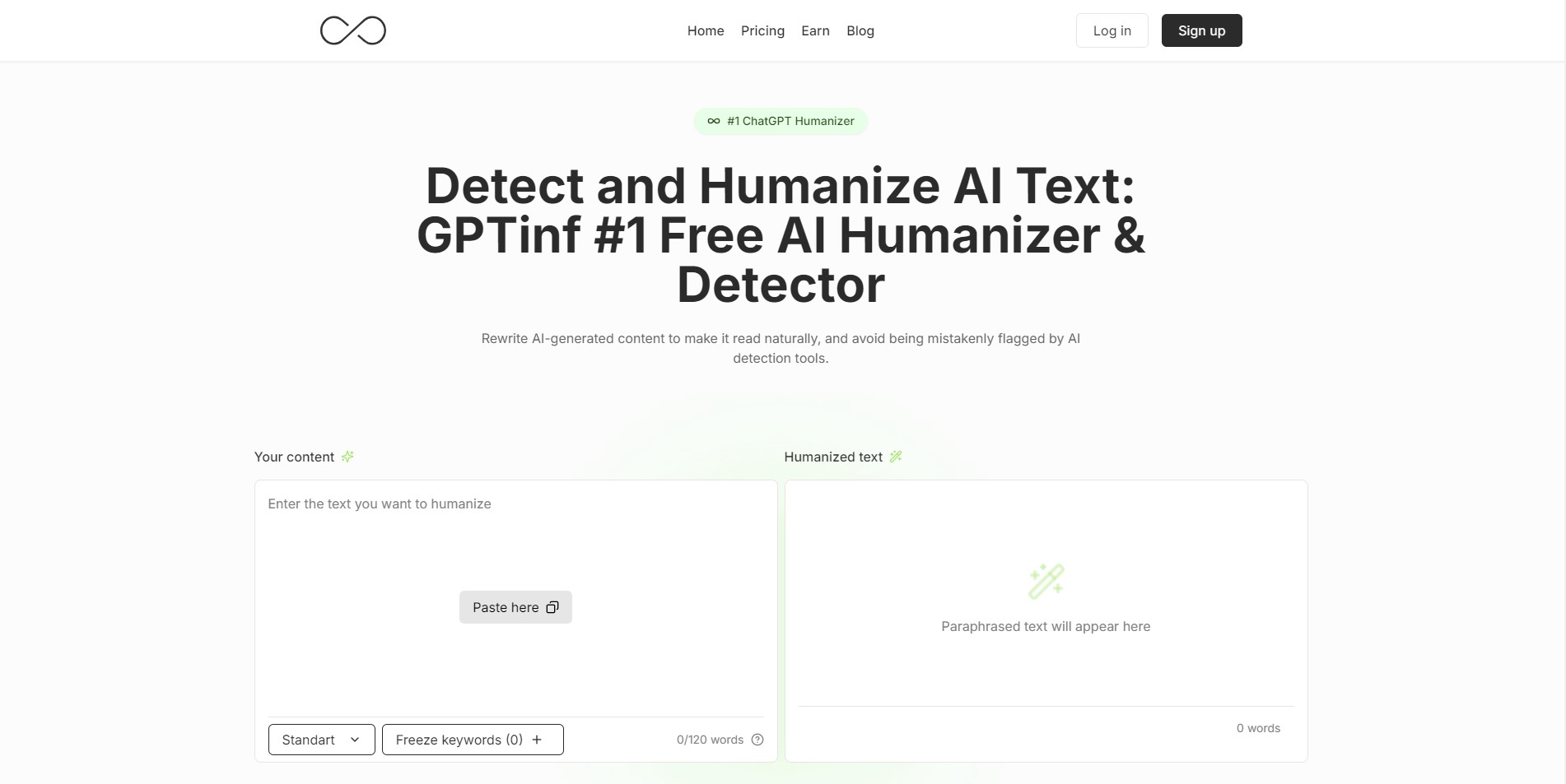 Screenshot of GPTinf AI homepage for humanized content in 2025.