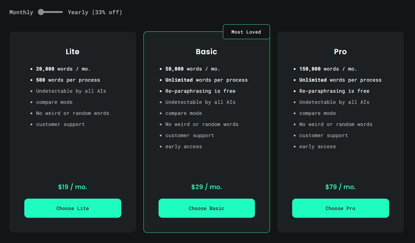 GPTinf pricing plans for bypassing AI detection with flexible options