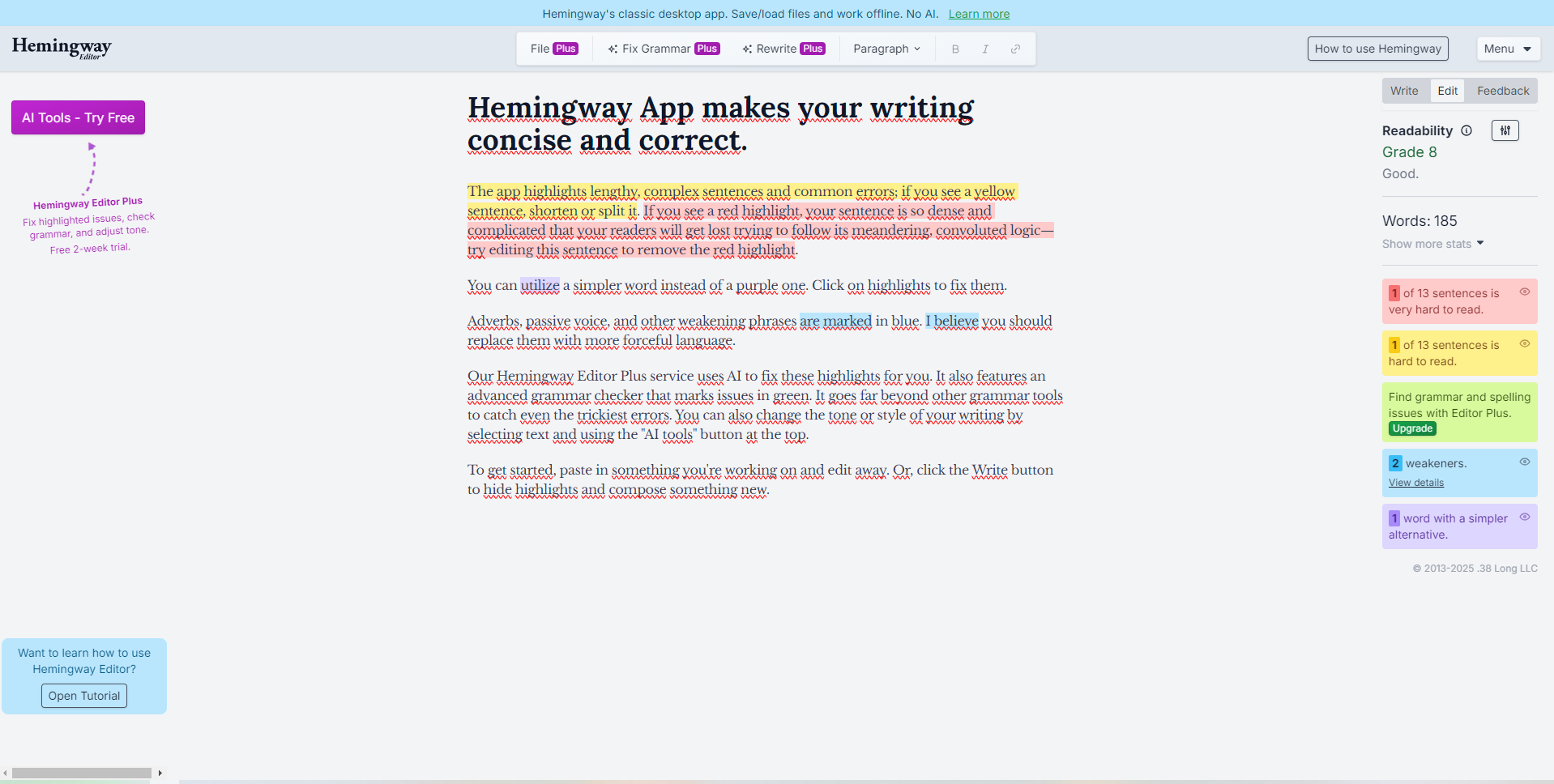 Screenshot showcasing Hemingway Editor AI highlighting complex sentences for clearer writing.
