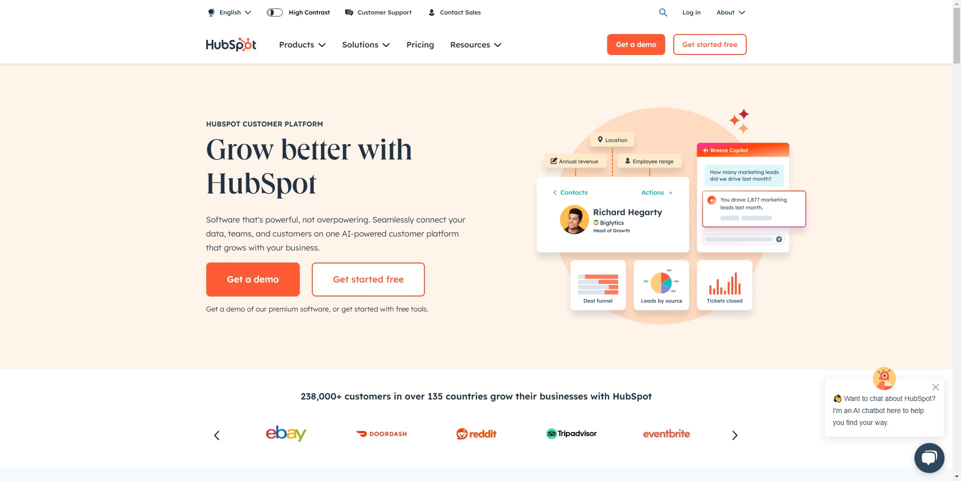 HubSpot platform interface showcasing CRM, marketing, and sales tools for business growth