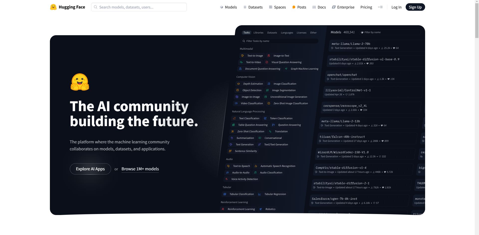 Hugging Face homepage showcasing AI models and datasets in 2025