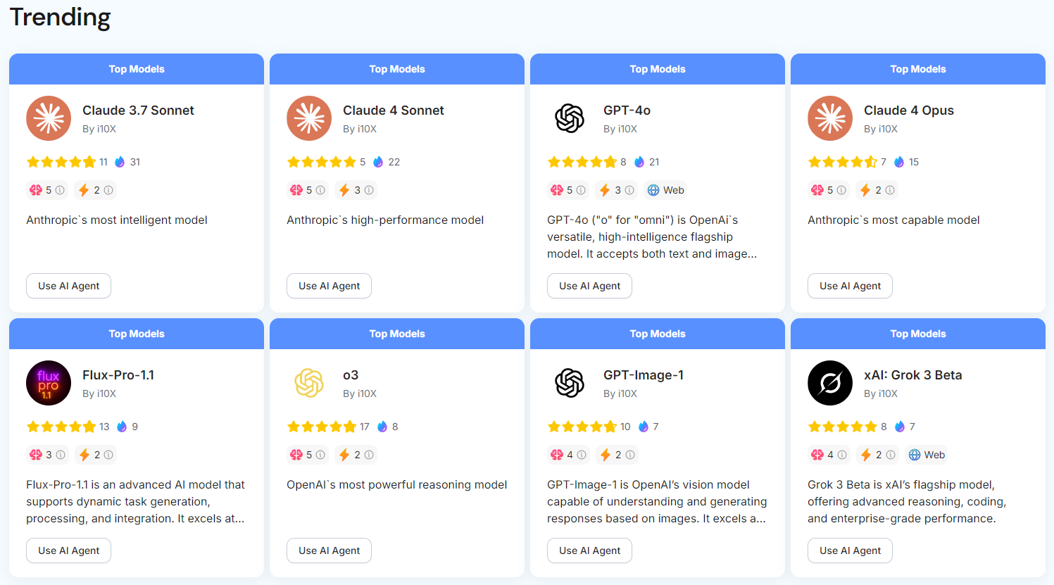 i10X AI platform dashboard with multiple AI agents and language models.