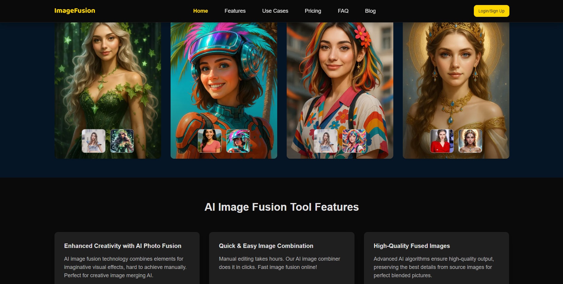 A vibrant, seamlessly blended portrait created using ImageFusion AI, showcasing enhanced details and artistic style