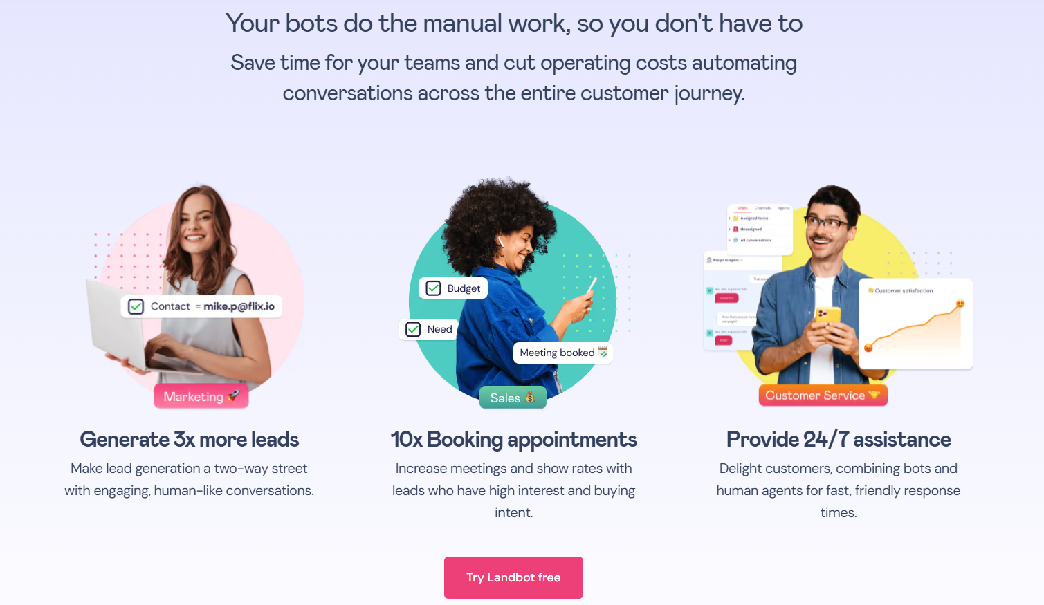A screenshot of the Landbot AI visual drag-and-drop builder, showing interconnected blocks forming a chatbot flow.