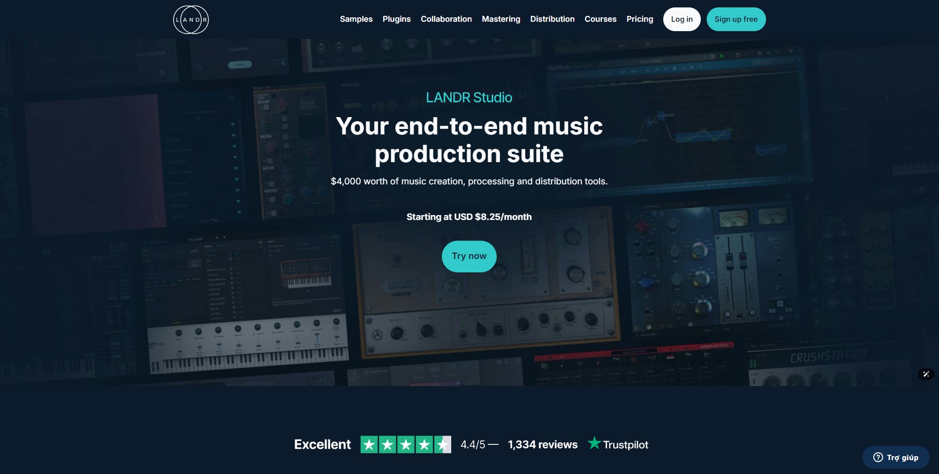 Dashboard of the Landr AI music production platform showing mastering, distribution, and plugins.
