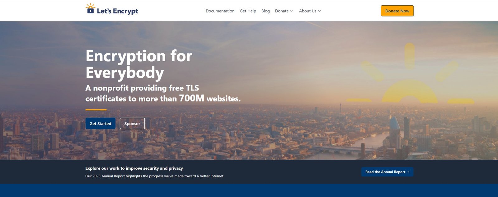 Screenshot of the Let's Encrypt homepage, showing their mission to secure the web.