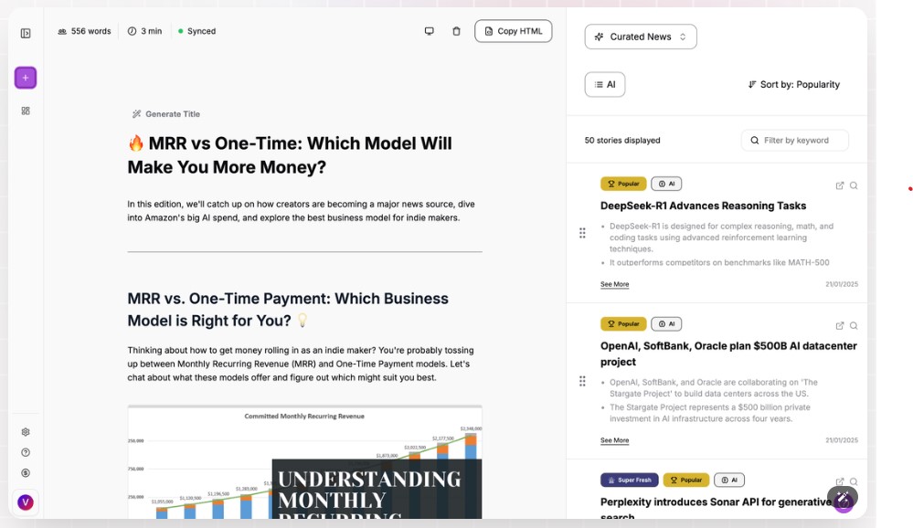 Letterpal AI newsletter generation interface with generated content examples