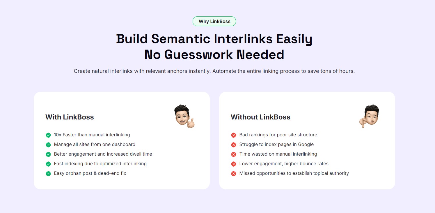 LinkBoss AI dashboard showing semantic internal linking suggestions