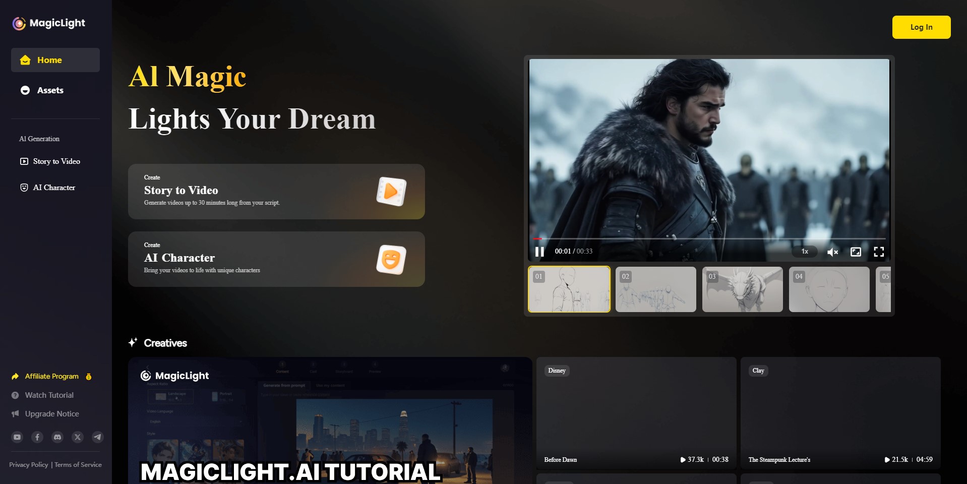A user interface of the Magic Light AI platform showing text-to-video conversion in progress, featuring diverse characters and visual styles