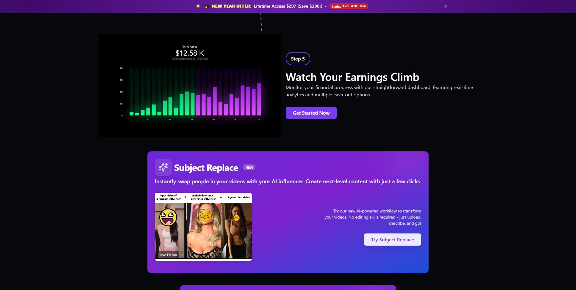 Real time earnings and analytics dashboard featured in our Make Influencer AI Review for passive income tracking.