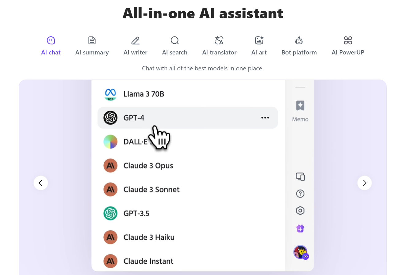 Monica AI all-in-one assistant interface showing multi-model access and various tools.