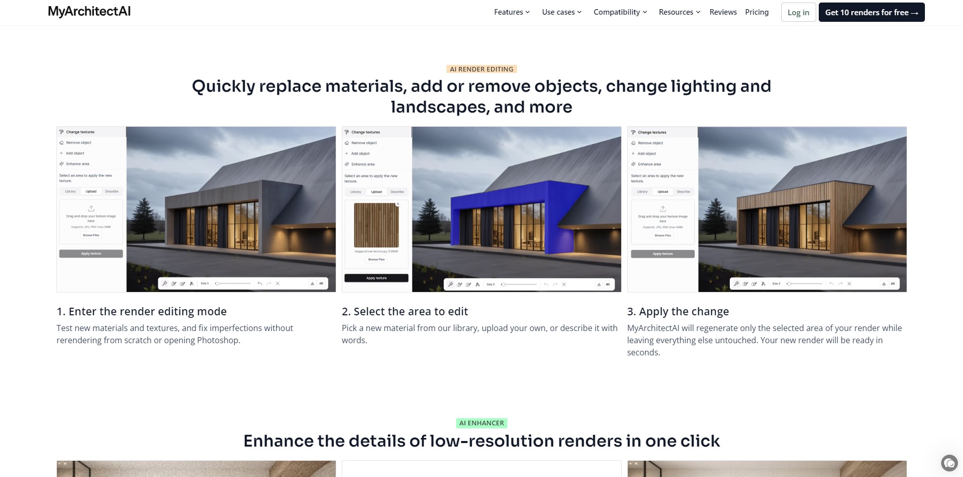 Before-and-after image showing a rough sketch transformed into a detailed architectural render using My Architect AI, a core feature noted in My Architect AI Reviews.