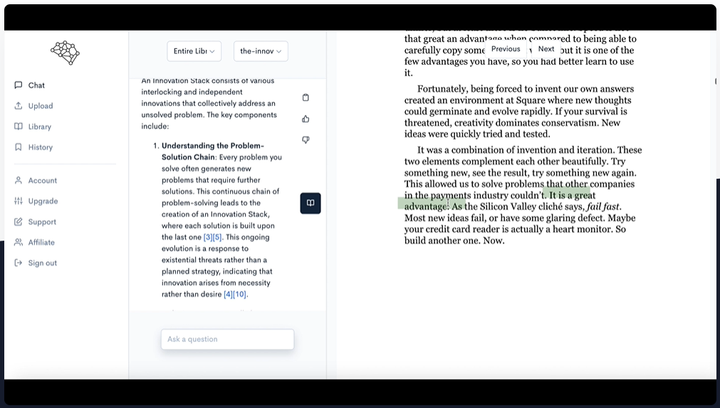 My reader AI chat interface demonstrating AI-powered question answering for books and documents.