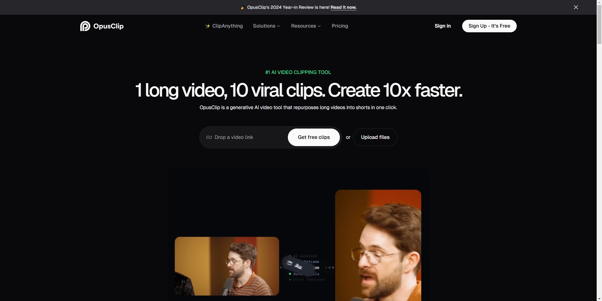 Opus Clip interface showcasing AI video editing tools and features for creating viral clips