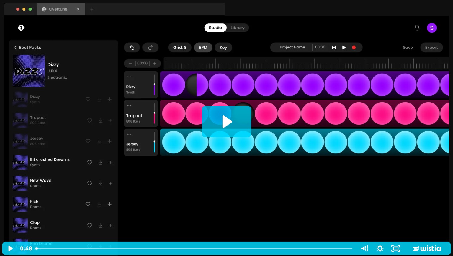 Overtune AI beat maker interface displaying simple sequencer and music loops.