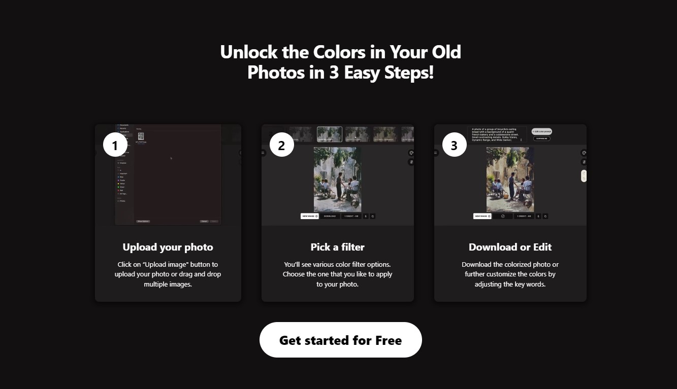 A visual guide from a Palette AI review showing the simple 3-step process: Upload photo, Pick a filter, and Download or edit.