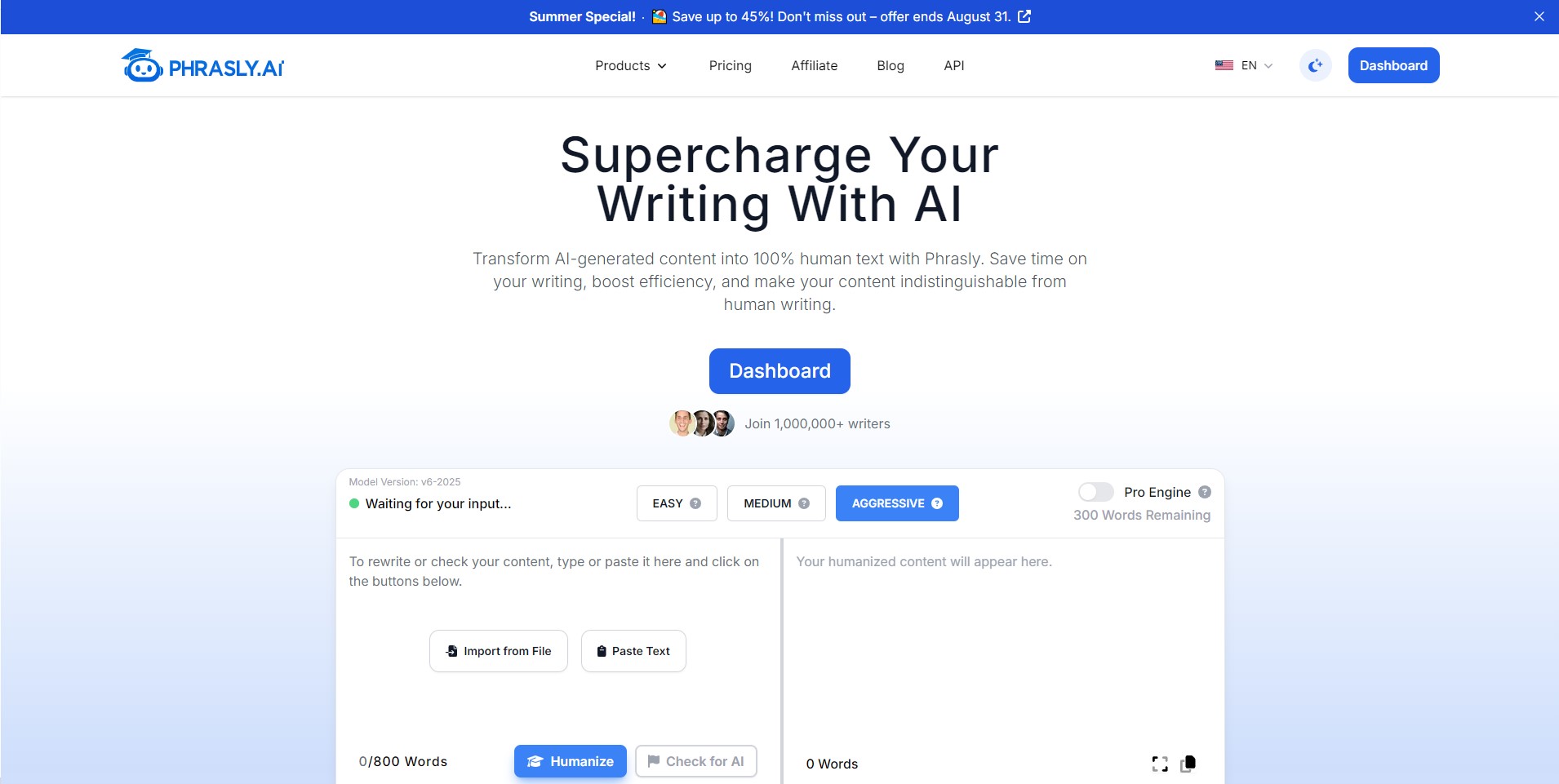 Screenshot of Phrasly AI homepage for undetectable content in 2025