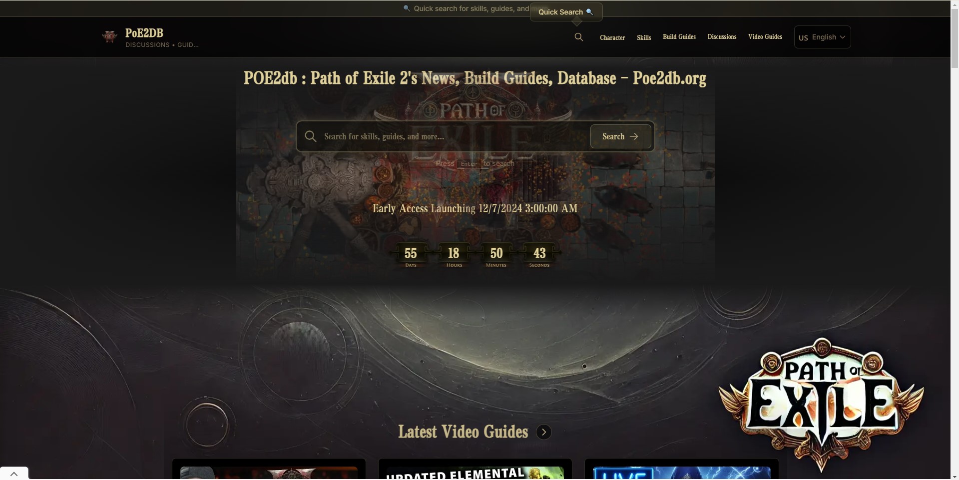 Poe2db database interface showcasing Path of Exile 2 builds and guides